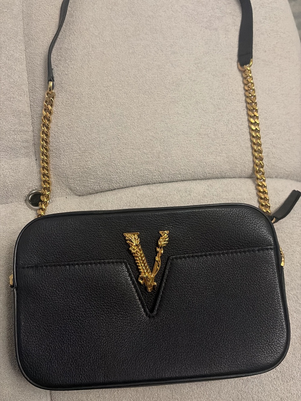 Versace Black Leather Crossbody with Gold V-Emblem and Chain